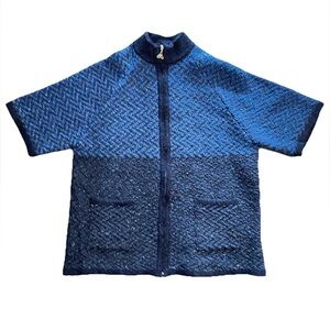 Arancraft Wool Cardigan Sweater XL Ireland Blue/ Black 3/4 Sleeve Zip Up